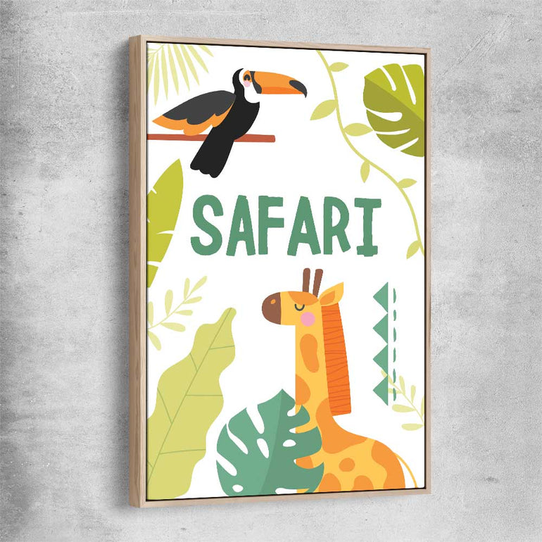 Safari Roaming raw oak framed canvas is a nursery canvas wall art and print suited for childrens nursery area