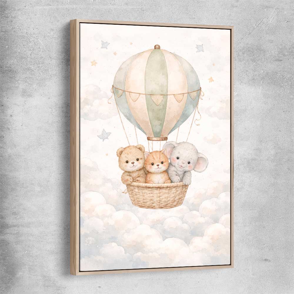 Soaring Animal Trio raw oak framed canvas is a nursery canvas wall art and print suited for childrens nursery area