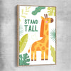 Tall Giraffe raw oak framed canvas is a nursery canvas wall art and print suited for childrens nursery area