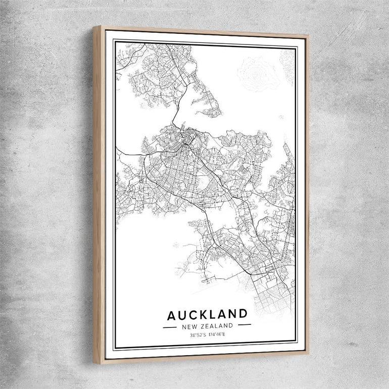 Auckland City raw oak framed canvas is a high quality print in our city skyline, travel prints and maps collection