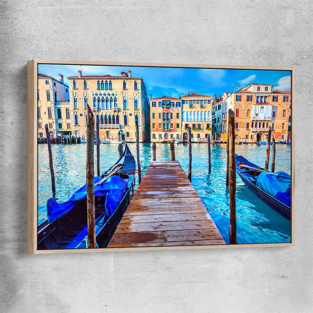 Blue Gondolas Venice raw oak framed canvas is a high quality print in our city skyline, travel prints and maps collection