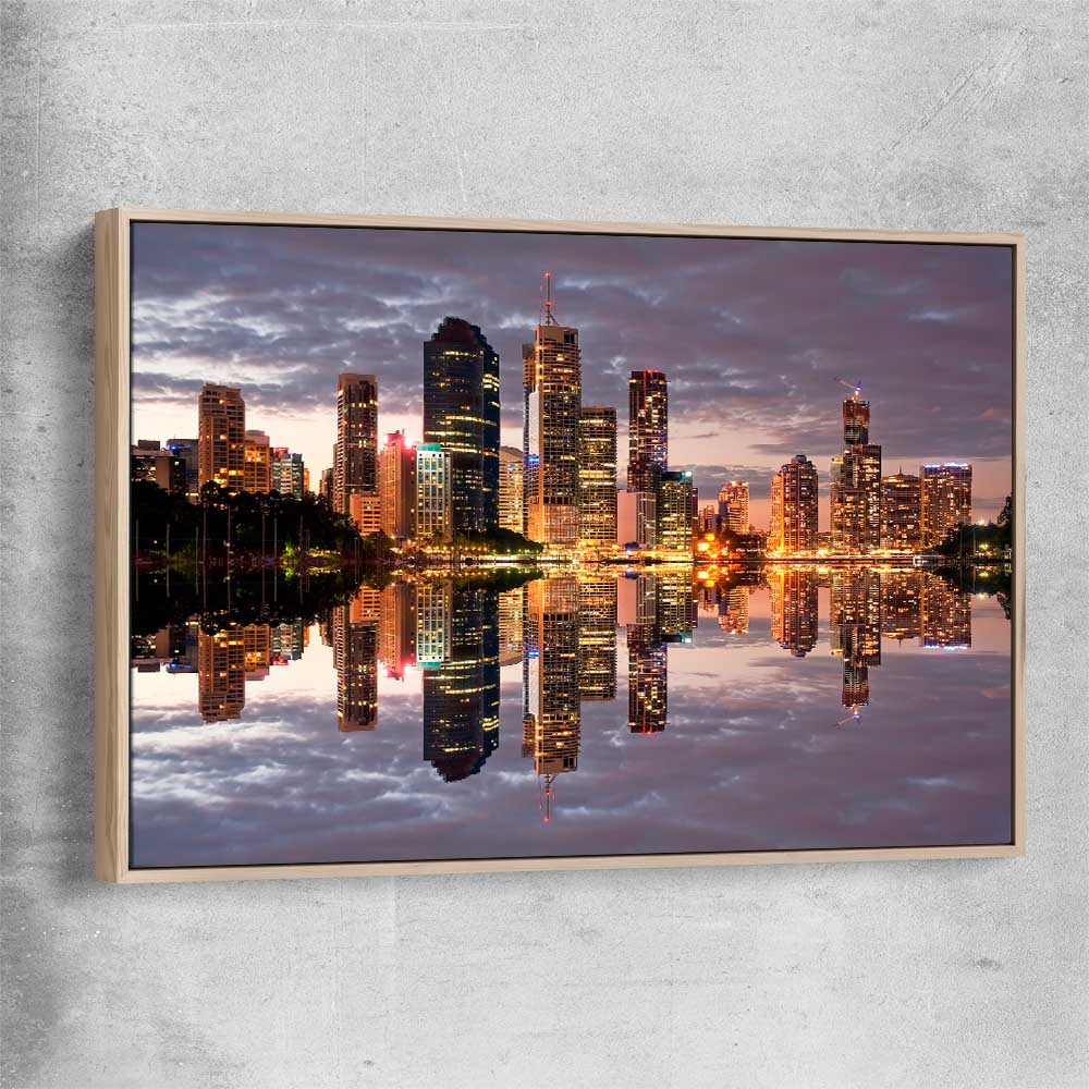 Brisbane City Reflections raw oak framed canvas is a high quality print in our city skyline, travel prints and maps collection