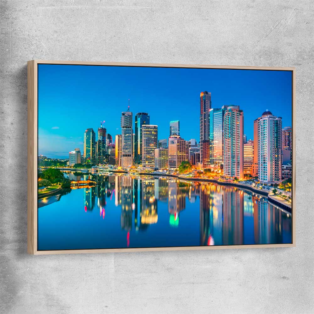 Brisbane Dawn Reflections raw oak framed canvas is a high quality print in our city skyline, travel prints and maps collection