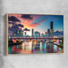 Brisbane Evening Sunset raw oak framed canvas is a high quality print in our city skyline, travel prints and maps collection