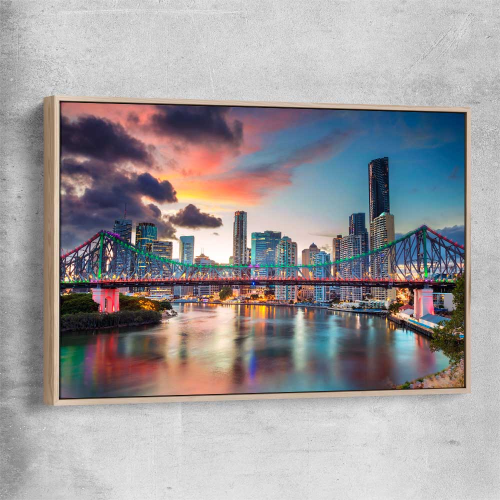 Brisbane Evening Sunset raw oak framed canvas is a high quality print in our city skyline, travel prints and maps collection