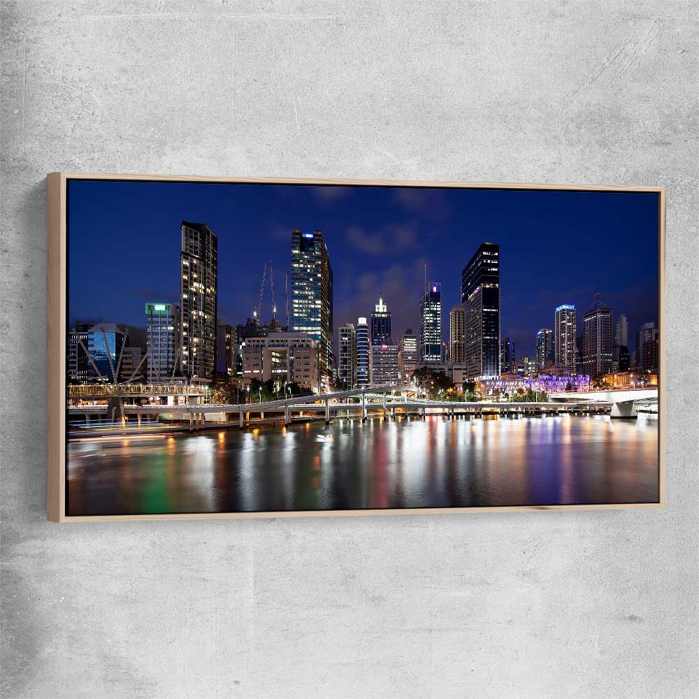 Brisbane Southbank Glow raw oak framed canvas is a high quality print in our city skyline, travel prints and maps collection
