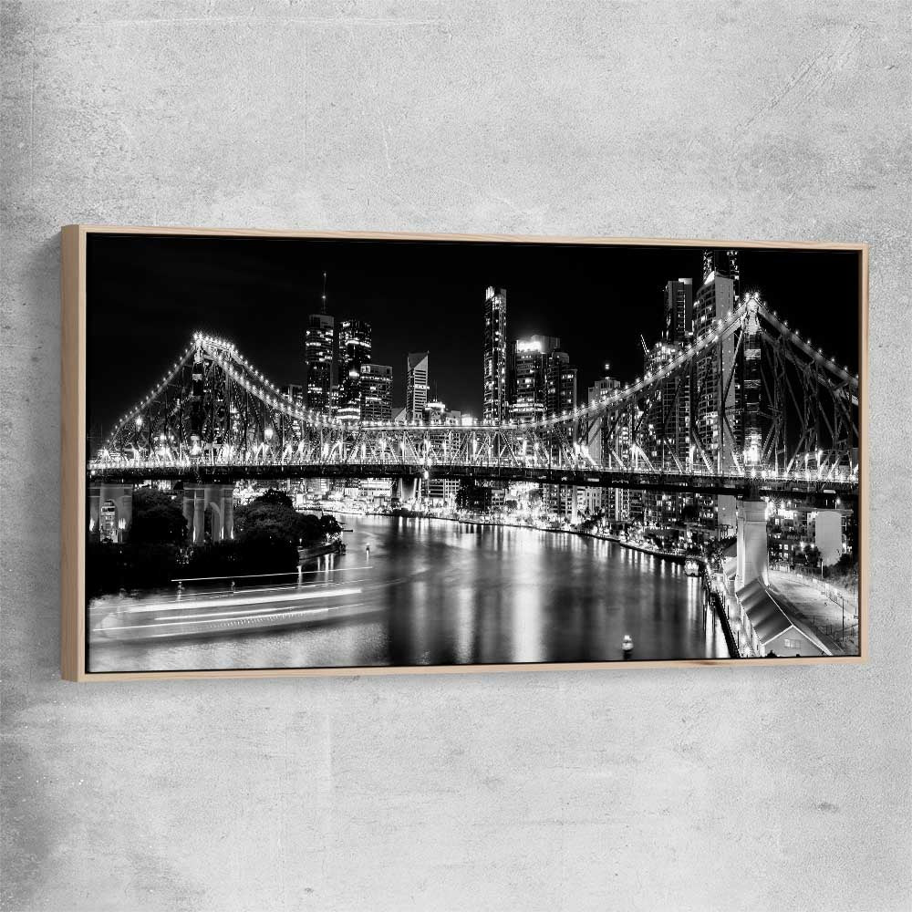 Brisbane Story Bridge raw oak framed canvas is a high quality print in our city skyline, travel prints and maps collection