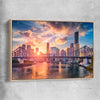 Brisbane Sunset Glow raw oak framed canvas is a high quality print in our city skyline, travel prints and maps collection