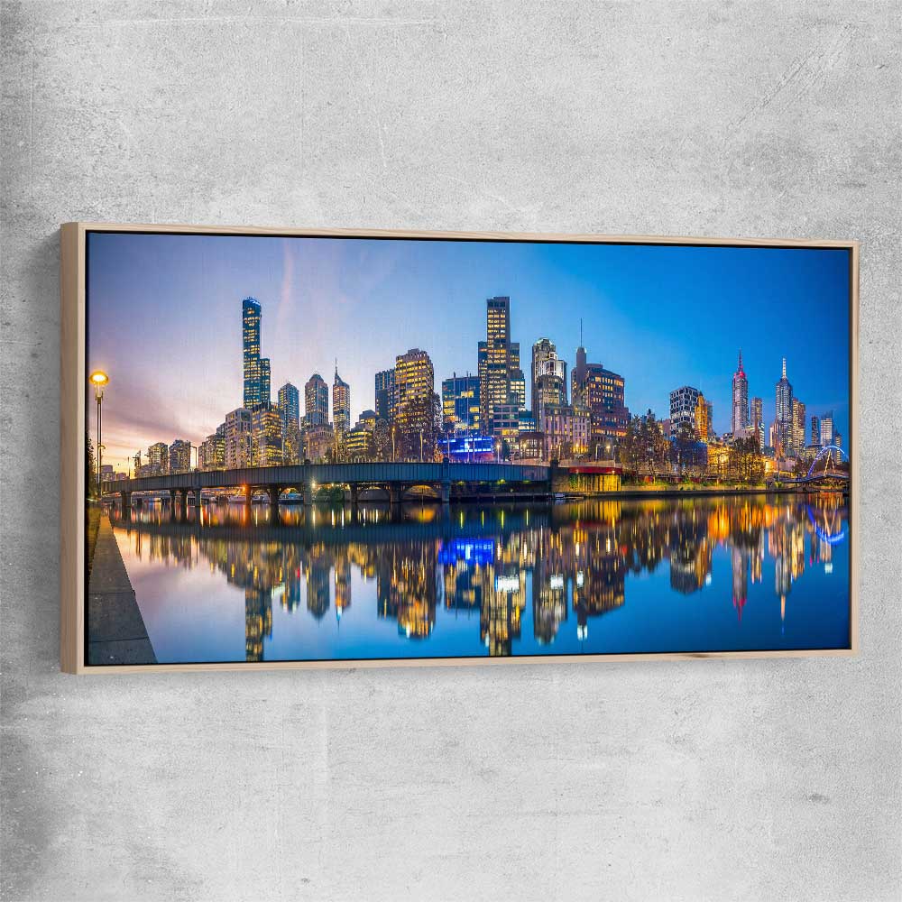 City Reflections Melbourne raw oak framed canvas is a high quality print in our city skyline, travel prints and maps collection
