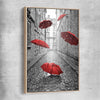 Flying Red Umbrellas raw oak framed canvas is a high quality print in our city skyline, travel prints and maps collection