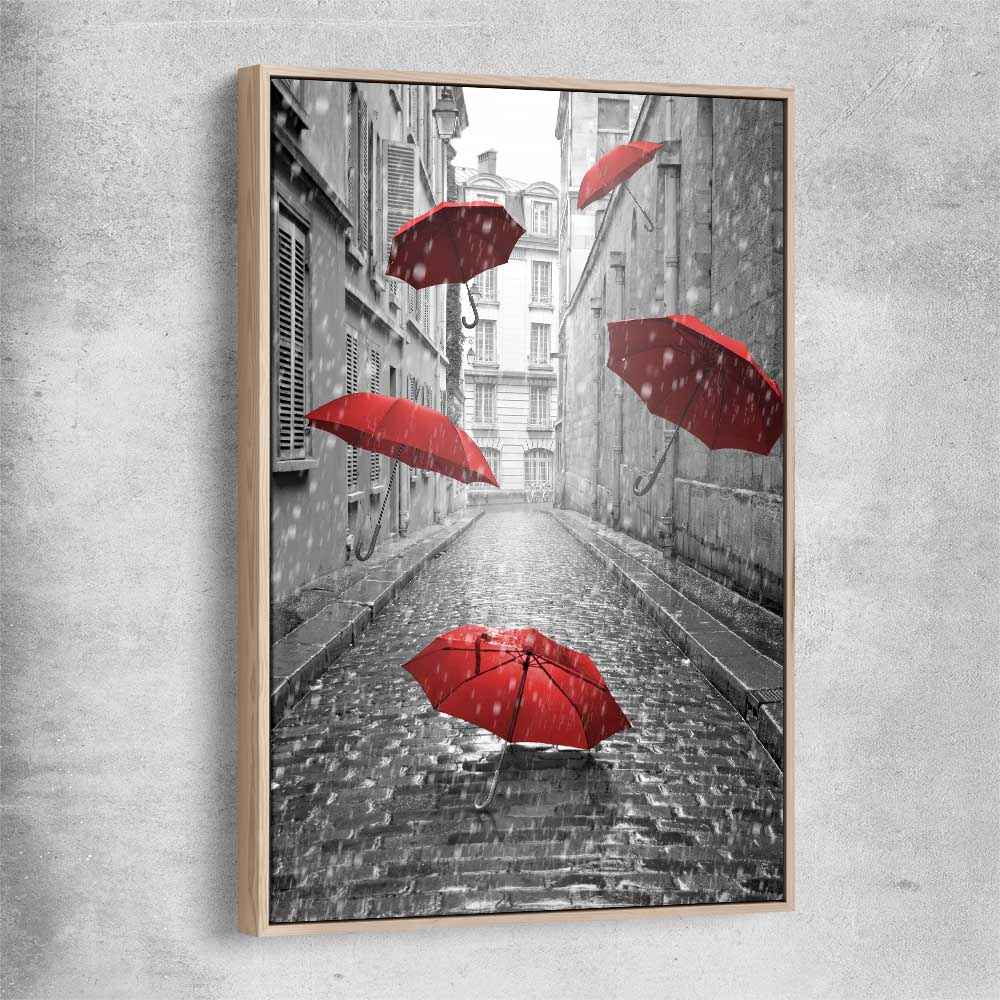 Flying Red Umbrellas raw oak framed canvas is a high quality print in our city skyline, travel prints and maps collection