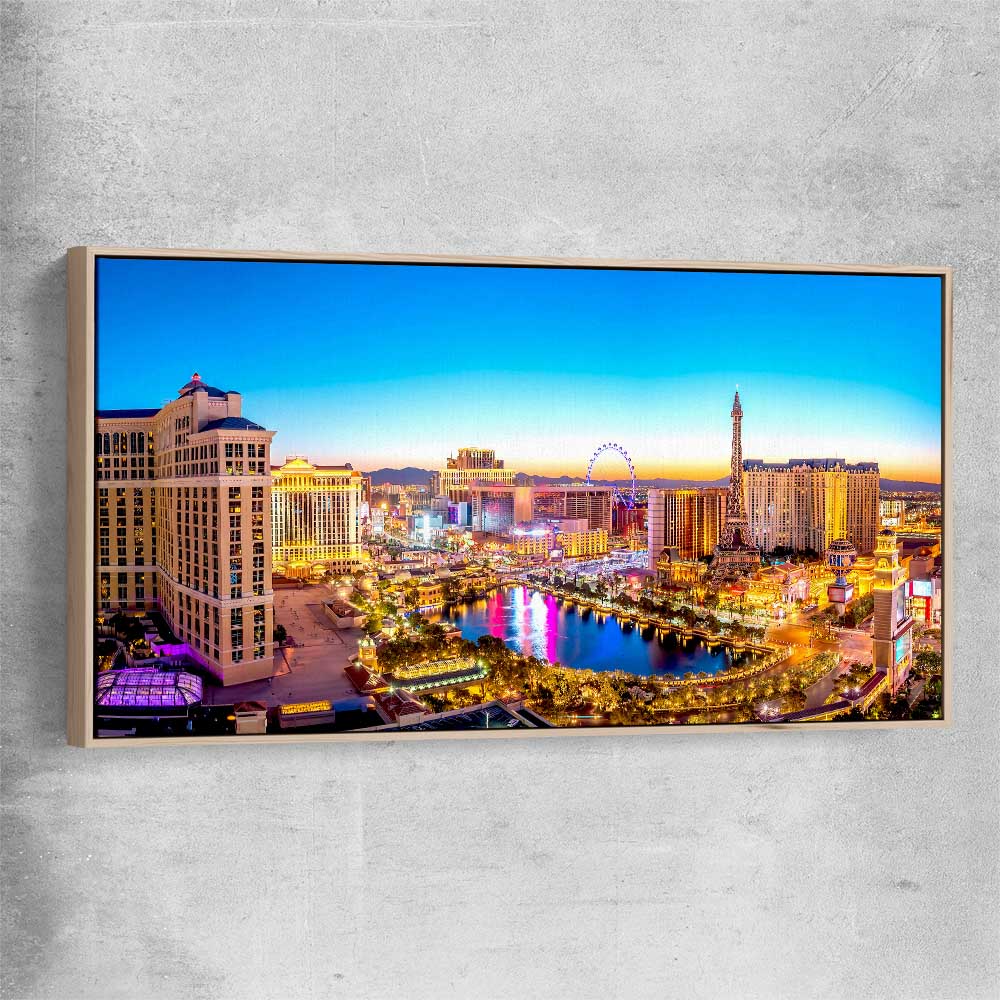 Golden Vegas raw oak framed canvas is a high quality print in our city skyline, travel prints and maps collection