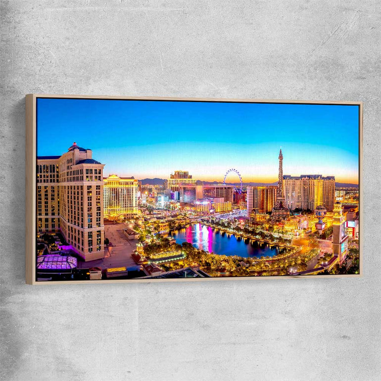 Golden Vegas raw oak framed canvas is a high quality print in our city skyline, travel prints and maps collection