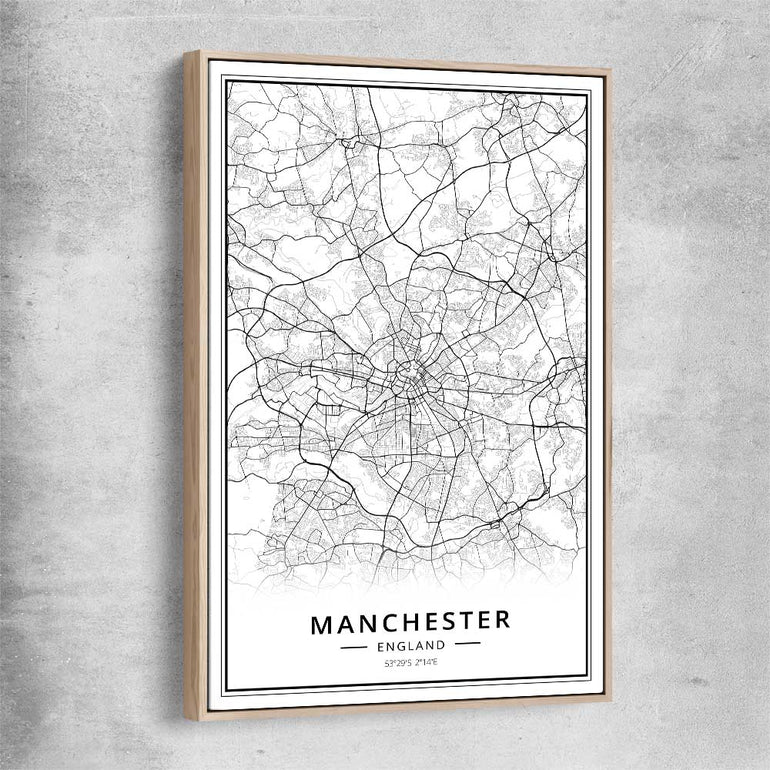 Greater Manchester raw oak framed canvas is a high quality print in our city skyline, travel prints and maps collection
