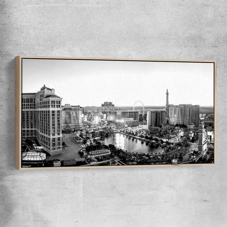 Las Vegas Lights raw oak framed canvas is a high quality print in our city skyline, travel prints and maps collection