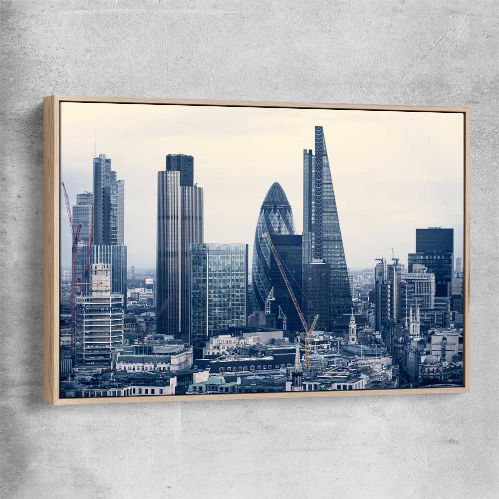 London Cityscape raw oak framed canvas is a high quality print in our city skyline, travel prints and maps collection