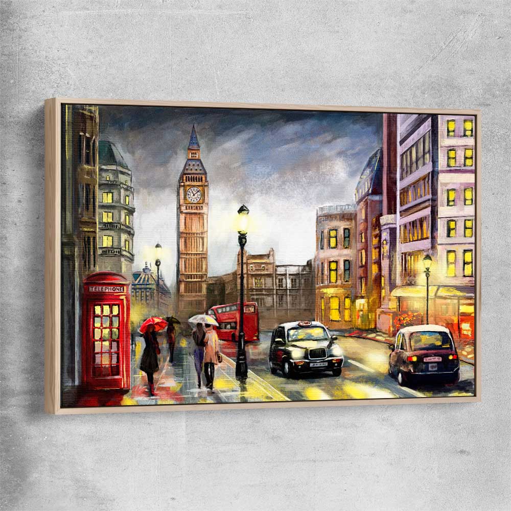 London Night Rain raw oak framed canvas is a high quality print in our city skyline, travel prints and maps collection
