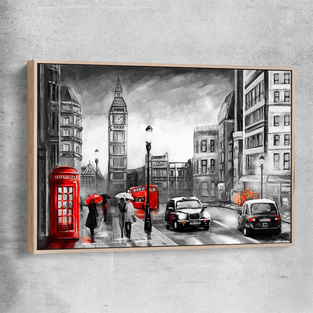 London Streetscape raw oak framed canvas is a high quality print in our city skyline, travel prints and maps collection