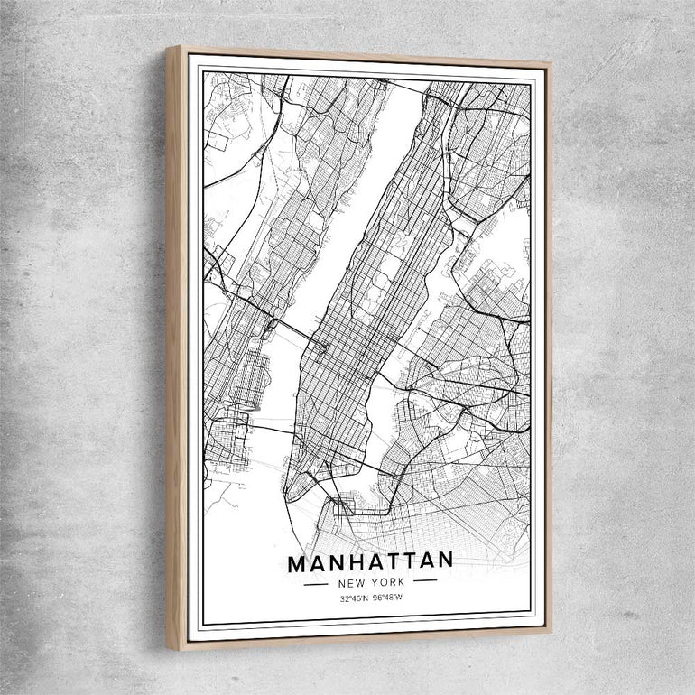 Manhattan City raw oak framed canvas is a high quality print in our city skyline, travel prints and maps collection