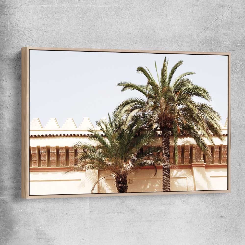 Marrakech Palm Walls raw oak framed canvas is a high quality print in our city skyline, travel prints and maps collection