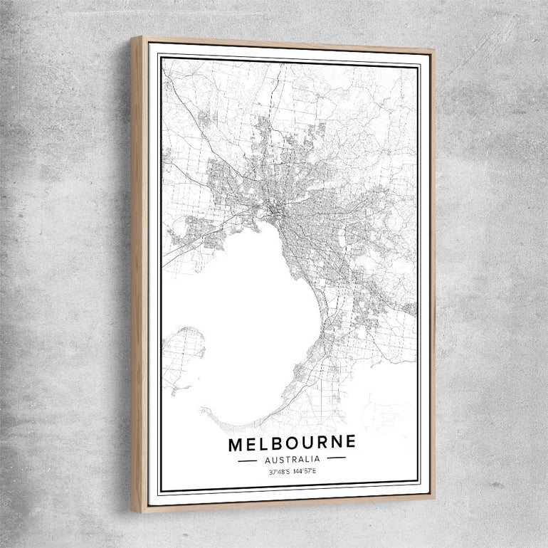 Melbourne City raw oak framed canvas is a high quality print in our city skyline, travel prints and maps collection