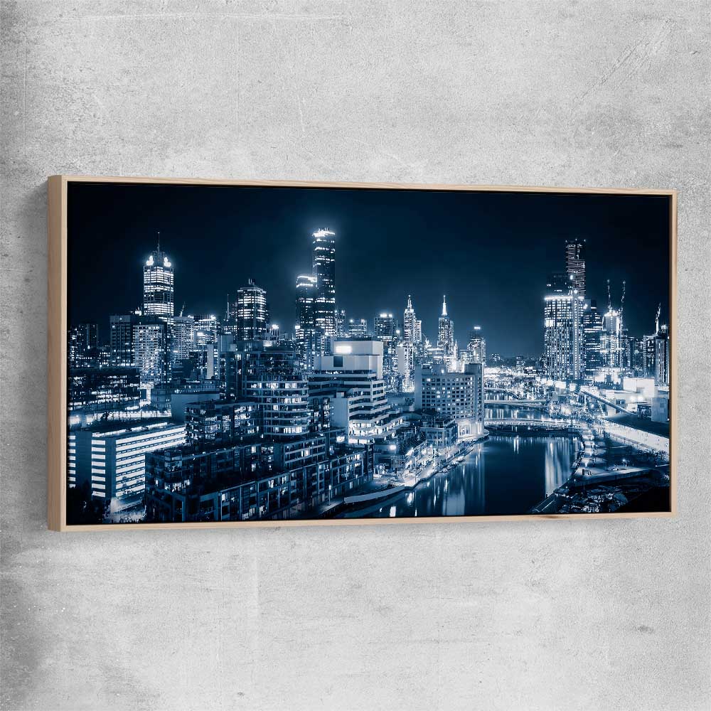 Melbourne City Glow raw oak framed canvas is a high quality print in our city skyline, travel prints and maps collection