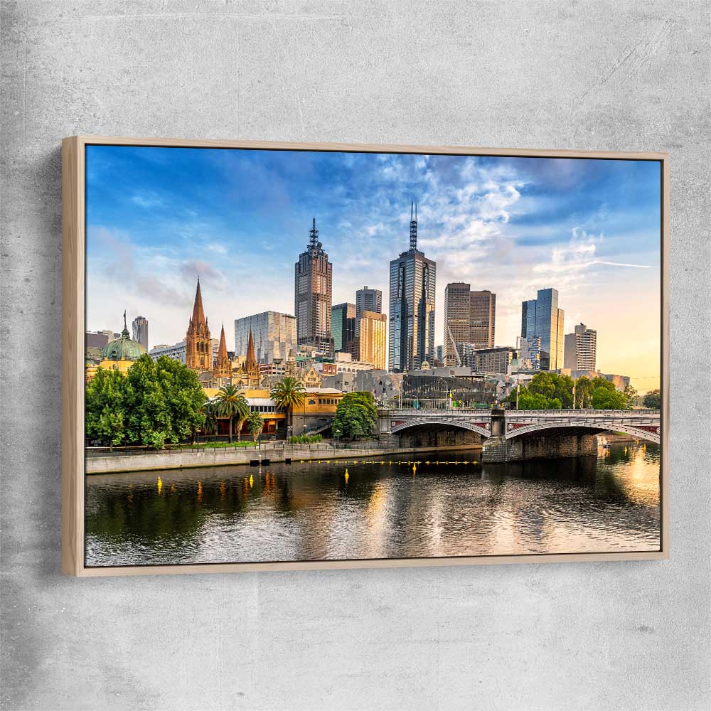 Melbourne Golden Skyline raw oak framed canvas is a high quality print in our city skyline, travel prints and maps collection