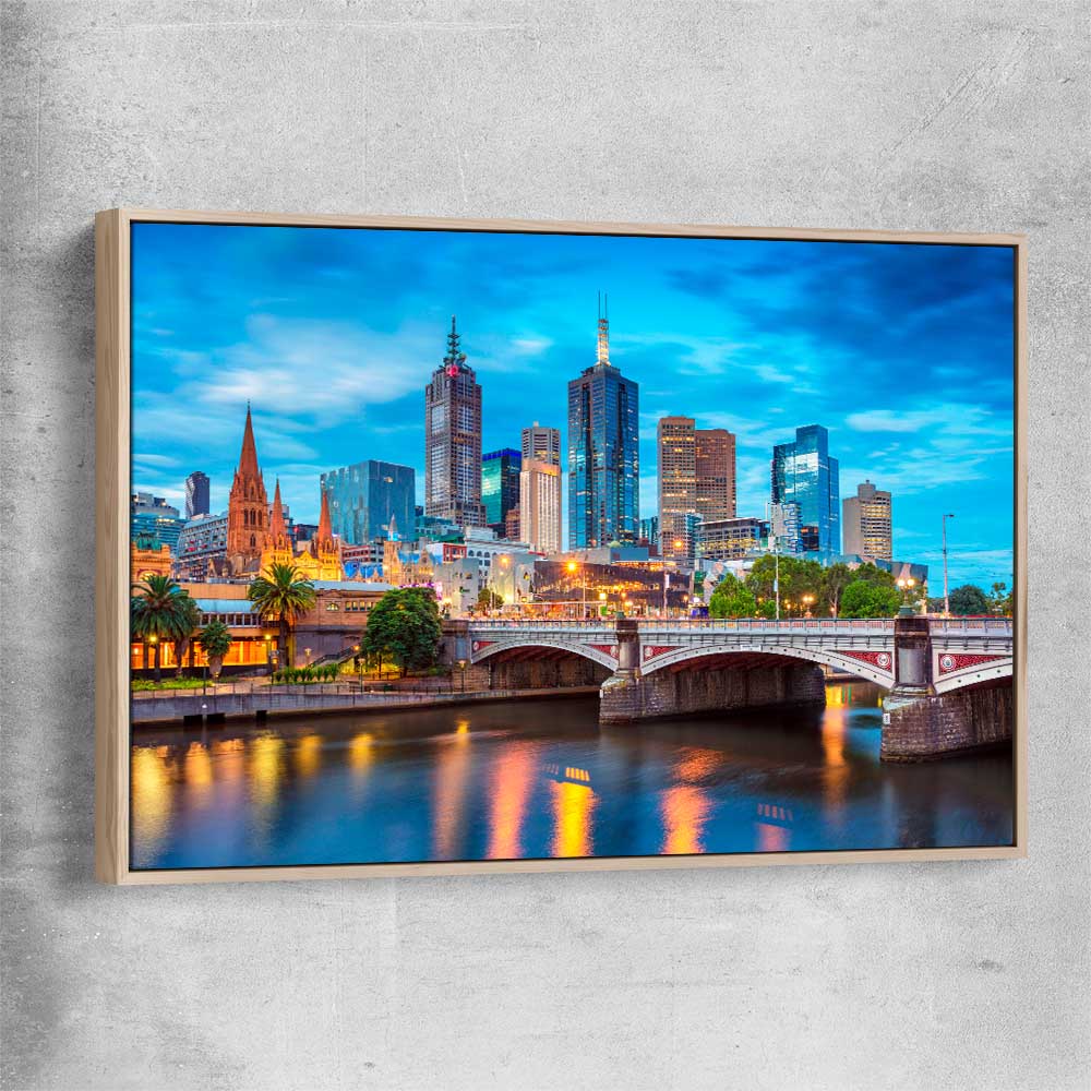 Melbourne Twilight Skyline raw oak framed canvas is a high quality print in our city skyline, travel prints and maps collection