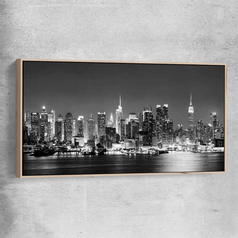 Midtown Manhattan raw oak framed canvas is a high quality print in our city skyline, travel prints and maps collection