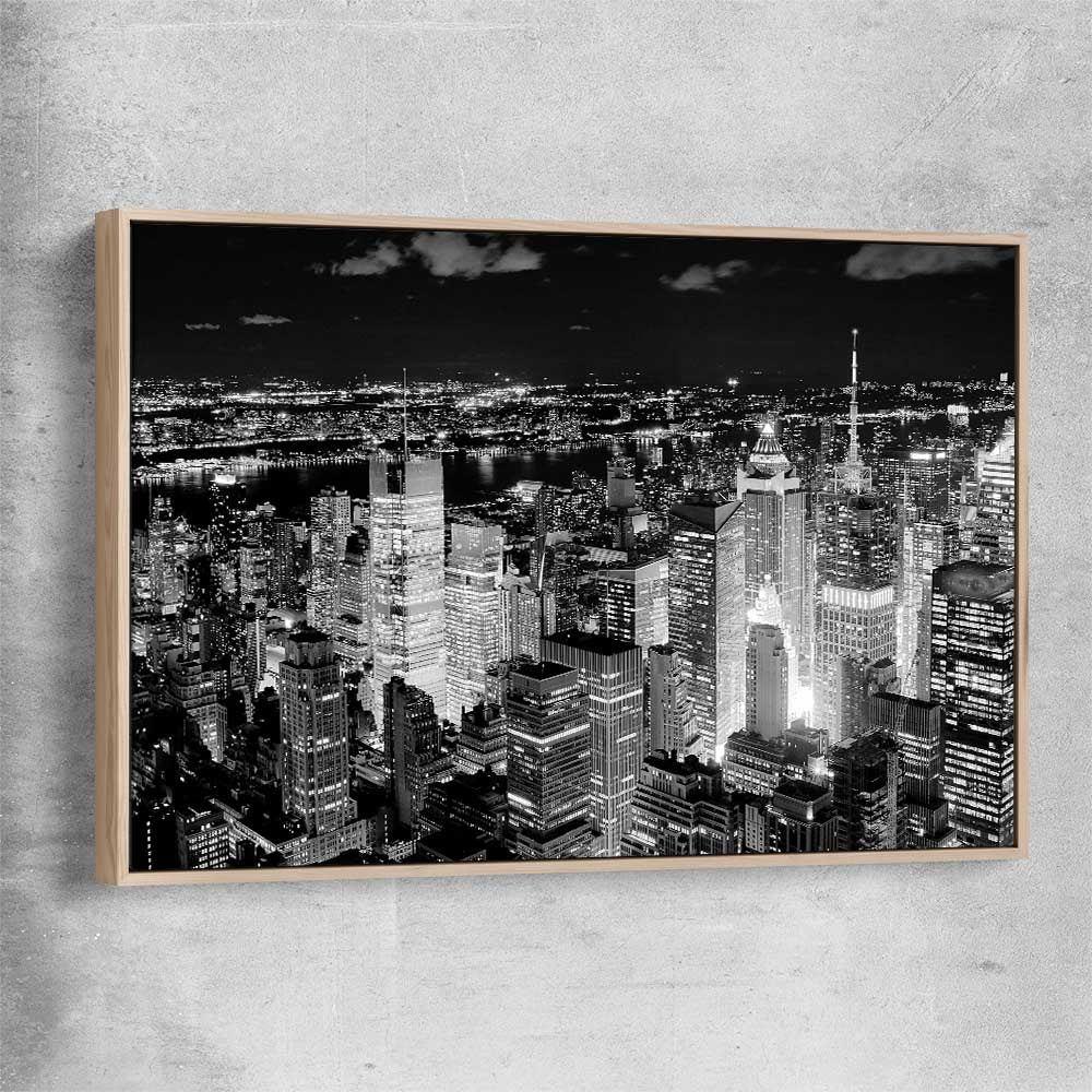 New York Cityscape raw oak framed canvas is a high quality print in our city skyline, travel prints and maps collection