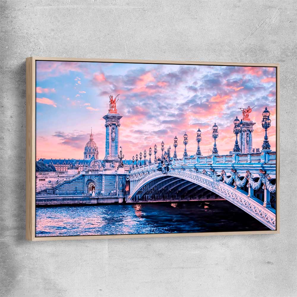 Paris Bridge Sunset raw oak framed canvas is a high quality print in our city skyline, travel prints and maps collection