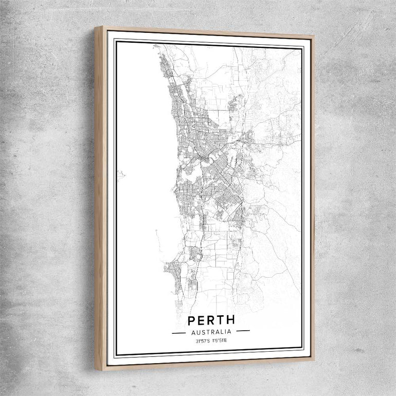 Perth City raw oak framed canvas is a high quality print in our city skyline, travel prints and maps collection