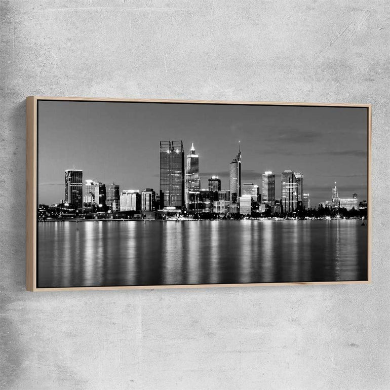 Perth Skyline raw oak framed canvas is a high quality print in our city skyline, travel prints and maps collection