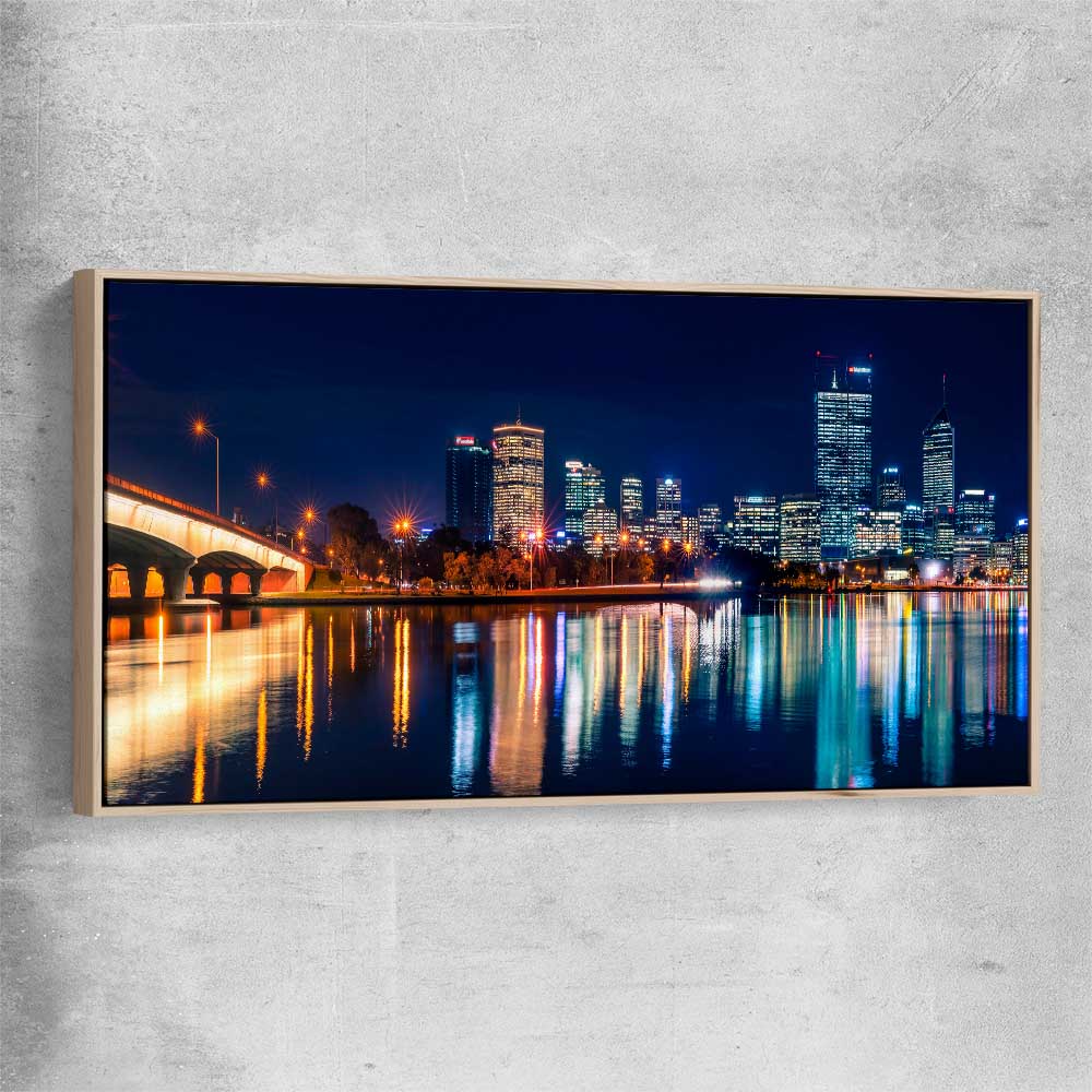 Perth Skyline Glow raw oak framed canvas is a high quality print in our city skyline, travel prints and maps collection