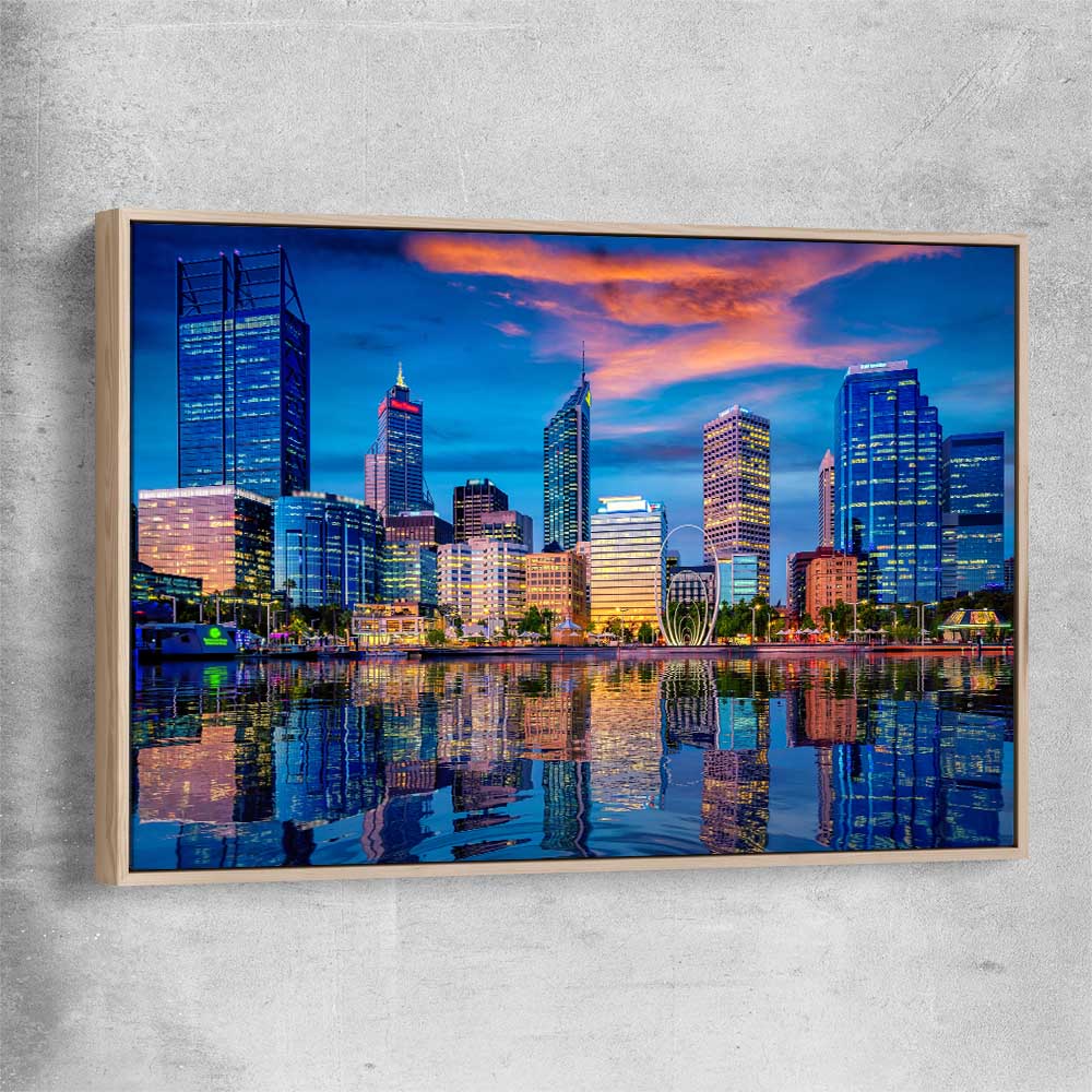 Perth Skyline Sunset raw oak framed canvas is a high quality print in our city skyline, travel prints and maps collection