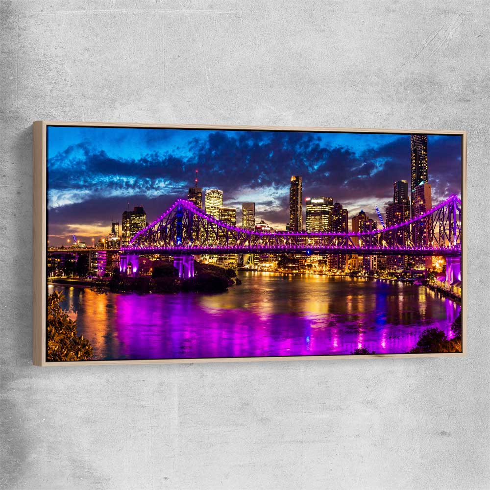 Story Bridge Glow raw oak framed canvas is a high quality print in our city skyline, travel prints and maps collection