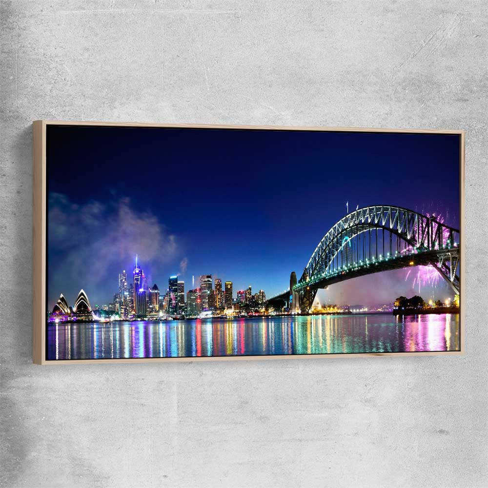Sydney Harbour Lights raw oak framed canvas is a high quality print in our city skyline, travel prints and maps collection