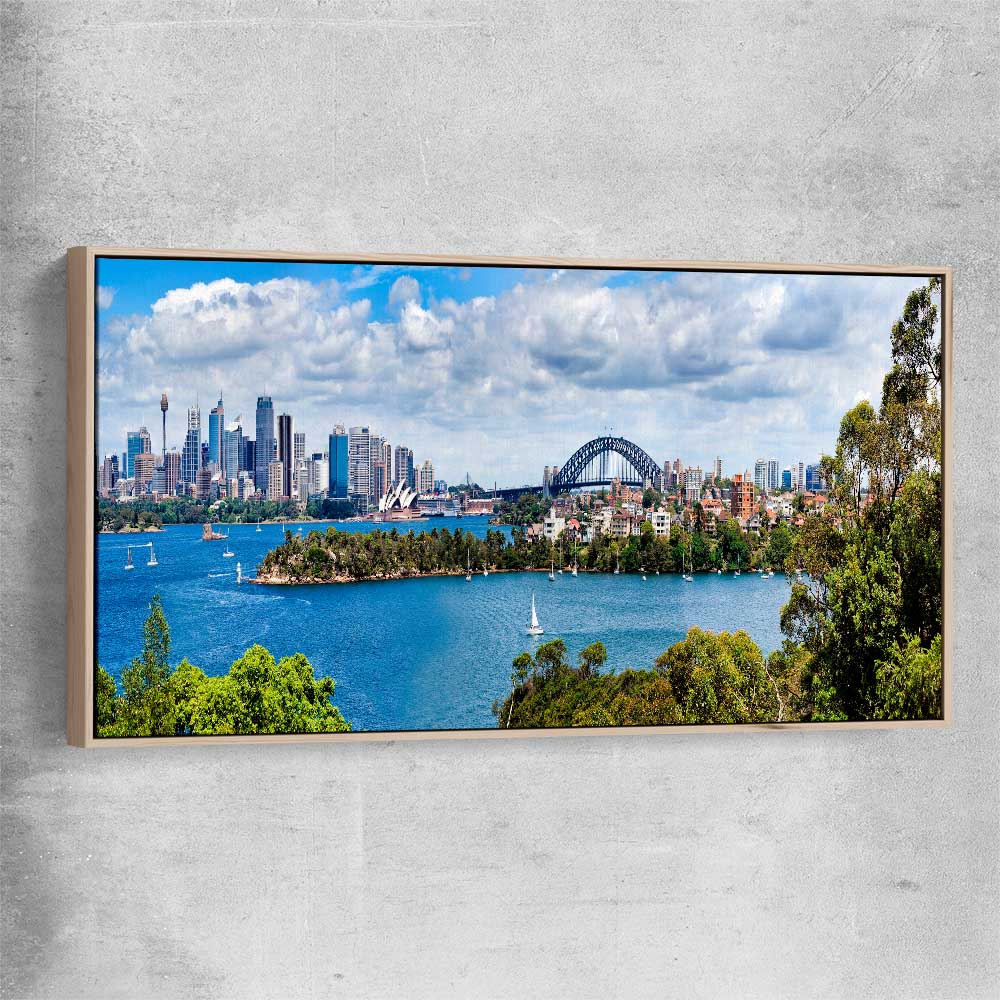 Sydney Harbour Panorama raw oak framed canvas is a high quality print in our city skyline, travel prints and maps collection