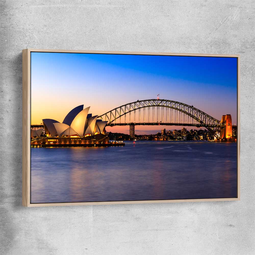 Sydney Harbour Sunset raw oak framed canvas is a high quality print in our city skyline, travel prints and maps collection