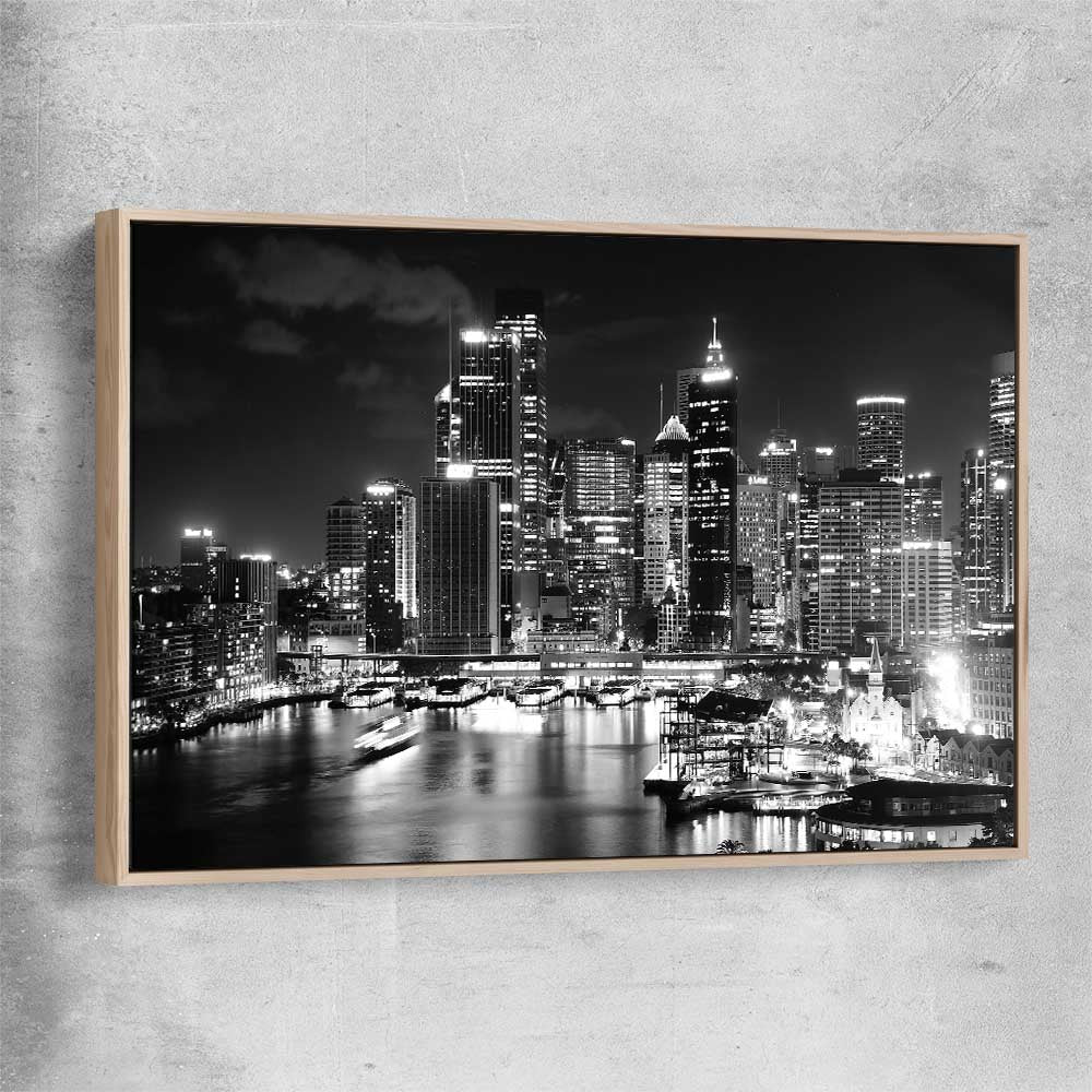 Sydney Night Skyline raw oak framed canvas is a high quality print in our city skyline, travel prints and maps collection