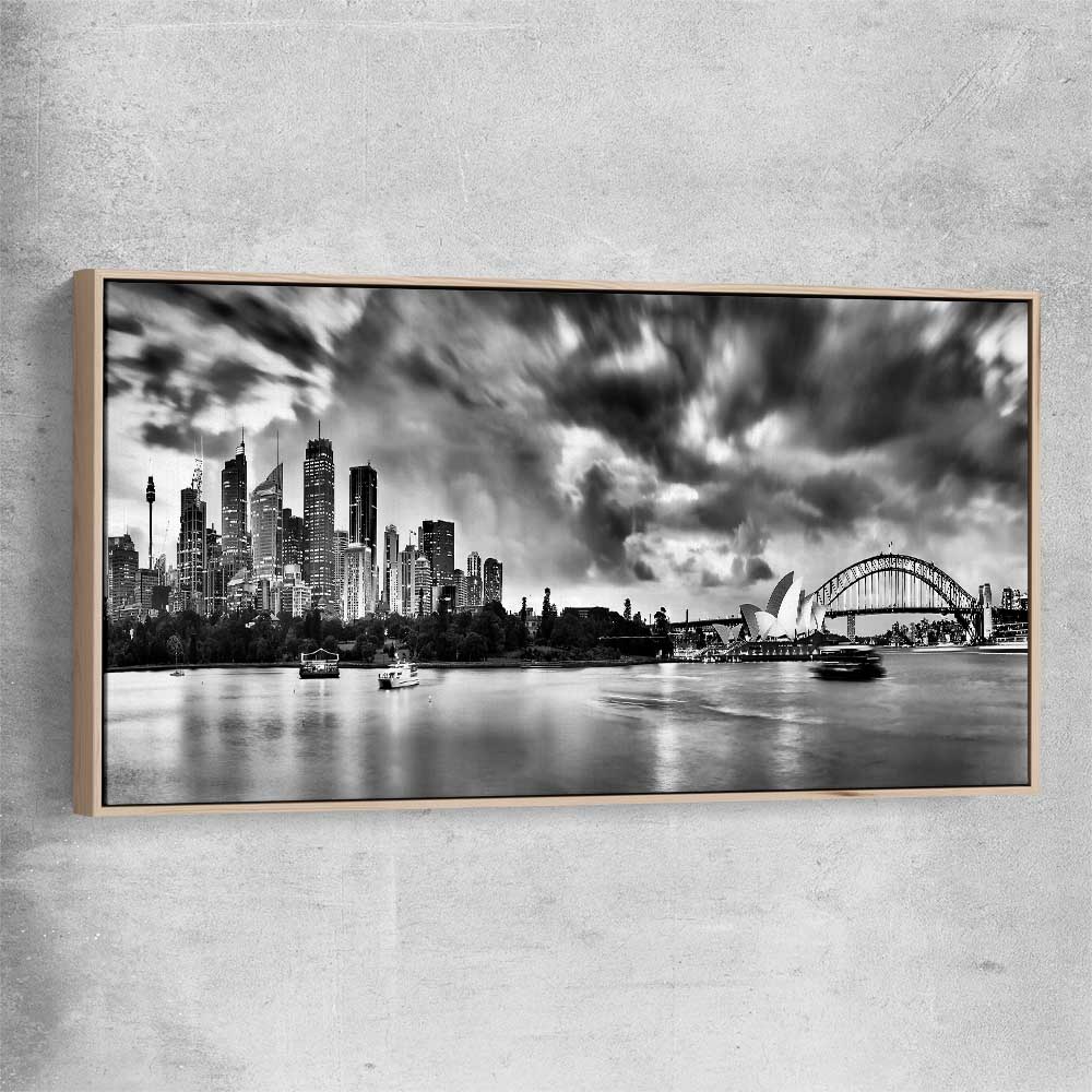 Sydney Skyline Noir raw oak framed canvas is a high quality print in our city skyline, travel prints and maps collection