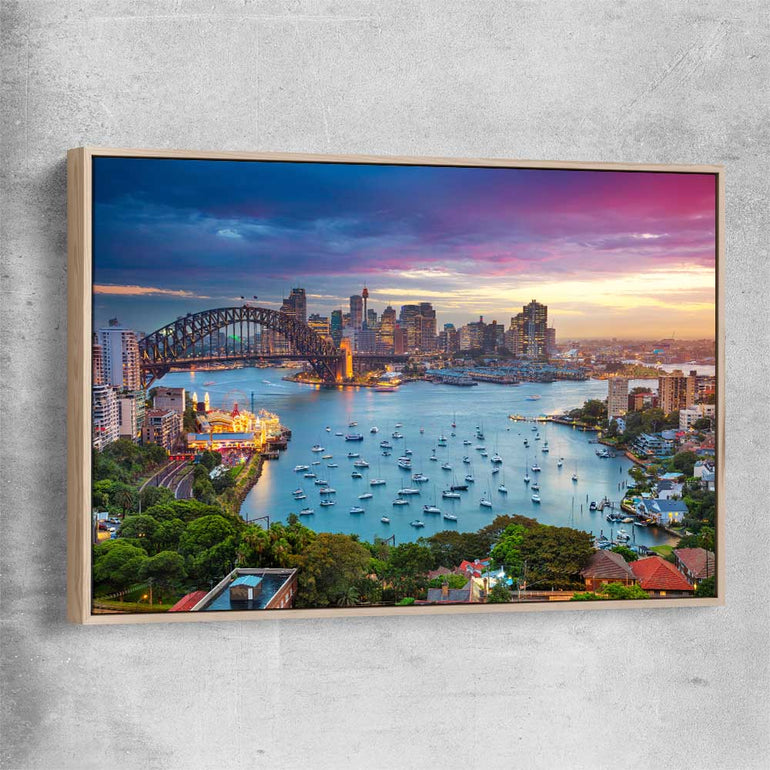 Sydney Sunset raw oak framed canvas is a high quality print in our city skyline, travel prints and maps collection