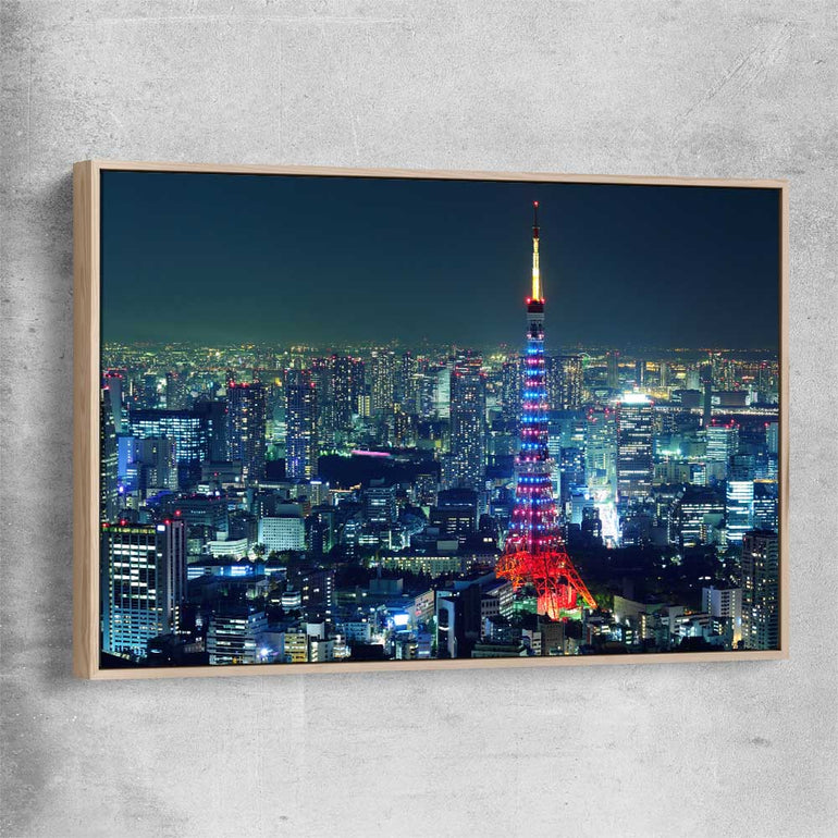 Tokyo City raw oak framed canvas is a high quality print in our city skyline, travel prints and maps collection