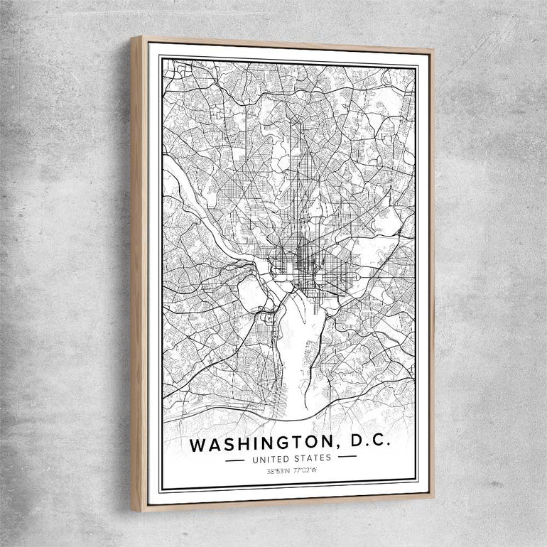 Washington City raw oak framed canvas is a high quality print in our city skyline, travel prints and maps collection