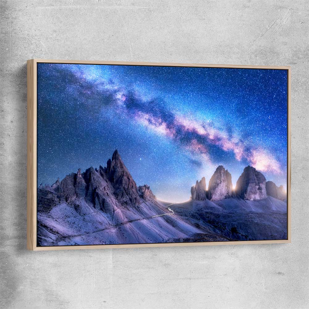 Space prints and wall art of Bright Milky Way with raw oak framed canvas