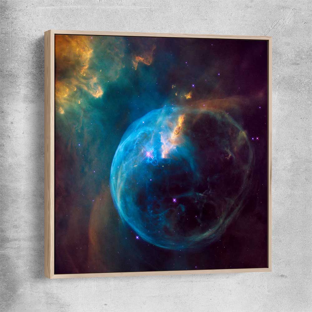 Space prints and wall art of Bubble Nebula with raw oak framed canvas