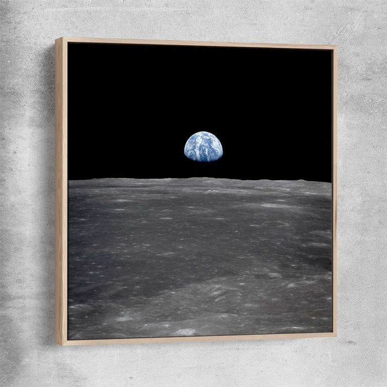 Space prints and wall art of Earthrise with raw oak framed canvas