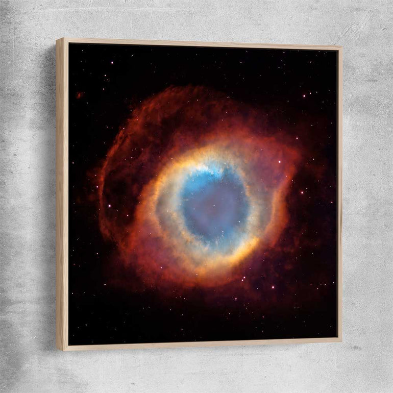 Space prints and wall art of Helix Nebula with raw oak framed canvas