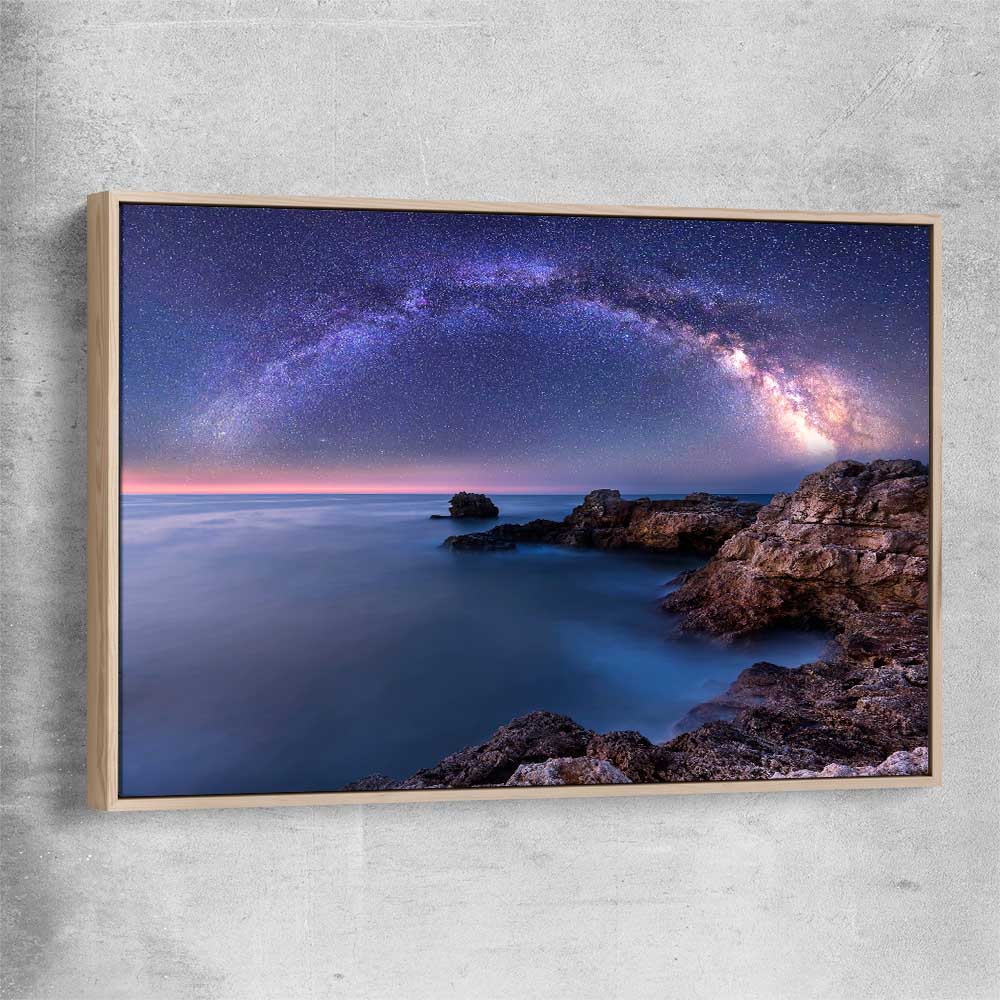 Space prints and wall art of Night Milky Way with raw oak framed canvas