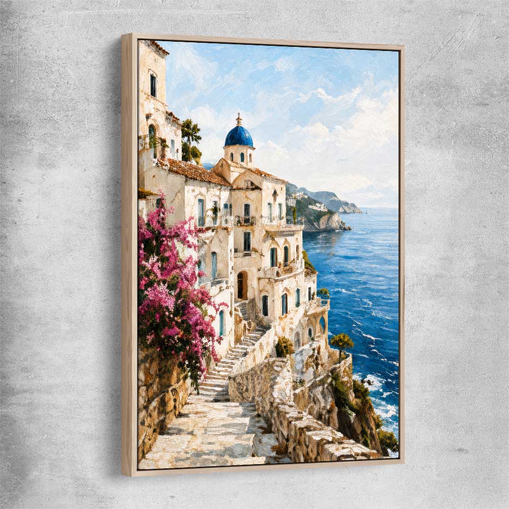 Amalfi Morning raw oak framed canvas is a high quality print in our city skyline, travel prints and maps collection